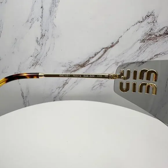 New MIU MIU Logo Sunglasses 2025 Runway Gold Slim Skinny Wrap Rimless Italy